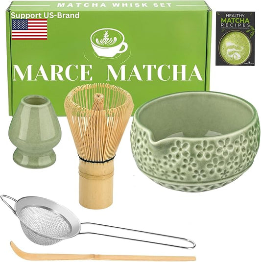 Matcha Whisk Set- Matcha Set includes Matcha Whisk and Bowl, Sifter, Holder and Scoop- The Perfect Bamboo Whisk for Matcha Tea (Molted Green)