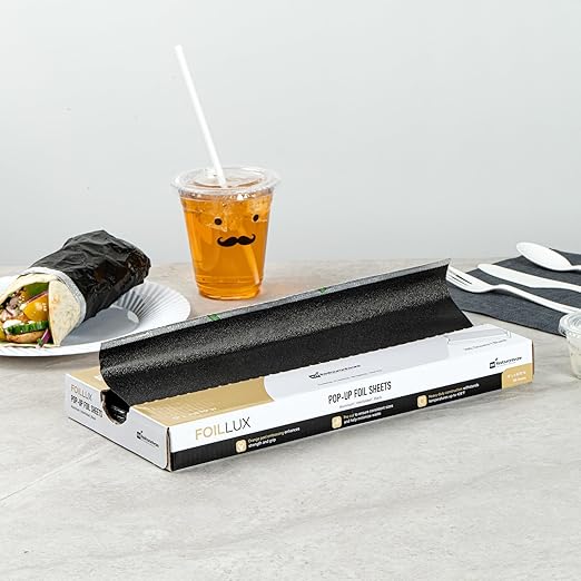 Foil Lux 12 x 10.8 Inch Pop-Up Foil Sheets, 100 Disposable Foil Papers For Food - Orange Peel Embossing, Interfolded, Black Aluminum Foil Sheets, Greaseproof, Freezable, Oven Ready - Restaurantware