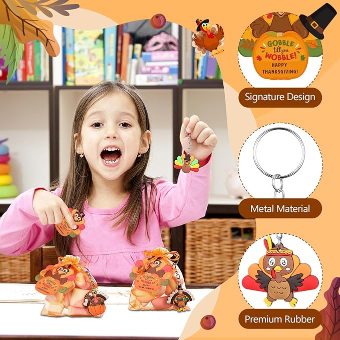 72 Pcs Thanksgiving Gifts for Students 24 Set Friendsgiving Goodie Bags Turkey Keychain Gifts & Organza Bags & Card for Students Key Chain Classroom Reward Gift Party Goodie Bag Stuffers Gift