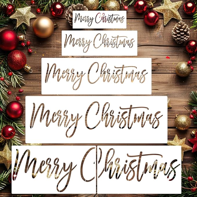 Merry Christmas Stencils for Painting Reusable Christmas Word Stencils for Crafts Holiday Drawing Templates for Wood Fabrics Door Mat Porch Hanger Winter Decor