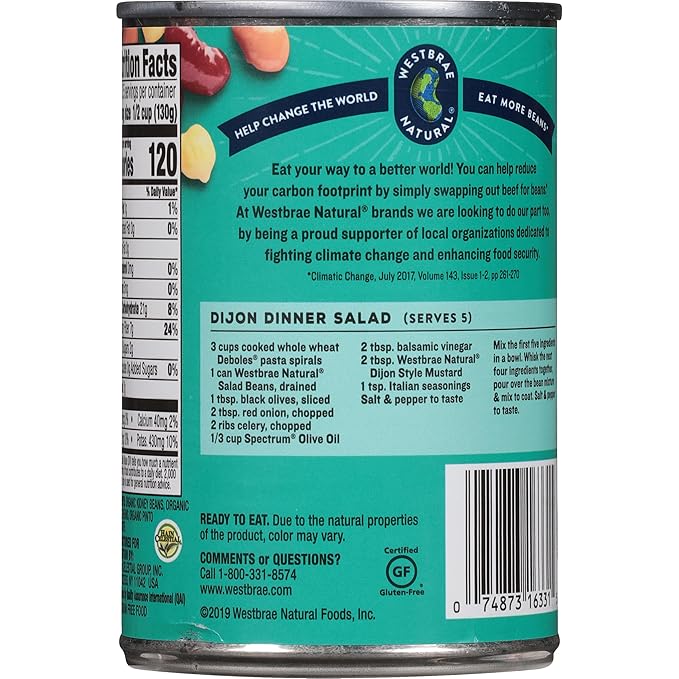 WESTBRAE 15 oz Natural Organic Salad Beans,No Salt Added, Source of Plant Based Protein and Fiber, Low Fat, Gluten Free, (Pack of 12)