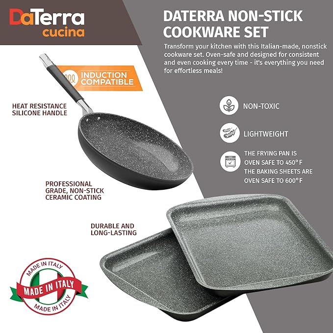 DaTerra Cucina Nonstick Weekday Bundle – 9.5" Frying Pan, Twin Baking/Cookie Sheets – Oven Safe, PTFE & PFOA Free, Ideal for Frying, Roasting and Baking - Made in Italy, Volcanic Black Ceramic