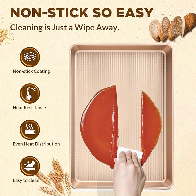 Saker nonstick baking sheet pan set,EvenHeat Baking Sheets Set of 2, Non-Stick Cookie Pan for Perfect Baking Results, Oven Safe Carbon Steel Bakeware (Champagne Gold)
