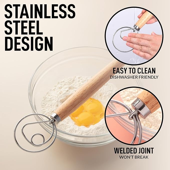 Zulay Kitchen 13-Inch Danish Dough Whisk - Wooden Danish Whisk for Dough with Stainless Steel Dough Hook - Traditional Dutch Whisk - Bread Whisk for Sourdough, Pizza, Pastry, Cake Batter