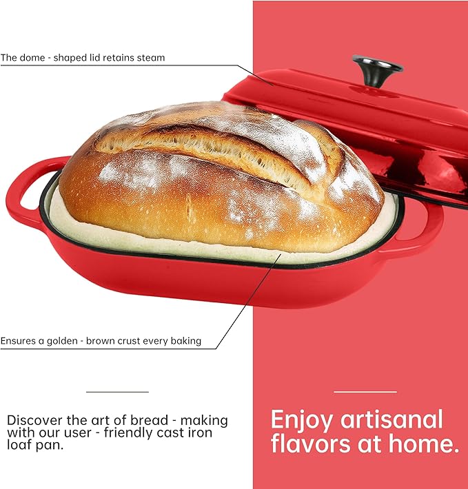 Premium Enameled Cast Iron Dutch Oven for Bread Baking | Non-Stick 5QT Oval Bread Oven with Lid | Perfect for Sourdough, Loaf, and Artisan Baking (Oval Red, 5 QT)