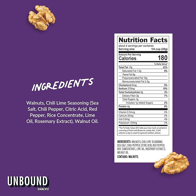 Unbound Snacks Flavored Nuts - Chili Lime Walnuts, 4 oz (Pack of 4) - Healthy Snacks, 4g Protein, 1g Sugar, High in Omega 3, Gluten Free, Vegan - Freshly Roasted & Seasoned Gourmet Walnut Halves