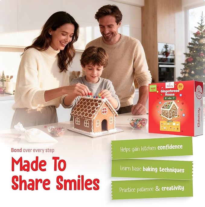 Baketivity Baking Kit Holiday Gingerbread House Kit - Bake And Build Edible Gingerbread House - Create a Treat Gingerbread House Kit - Kids Baking Set With Materials And Premeasured Ingredients