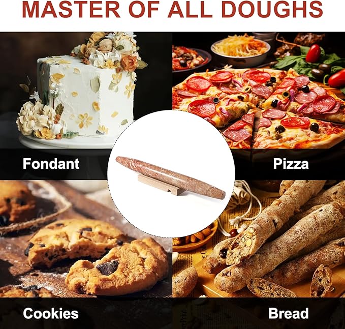 Marble French Rolling Pin, Non-Stick Polished Dough Roller, Pasta, Dumpling, 15 inch Kitchen Baking Tool for Baking with Wooden Resting Base