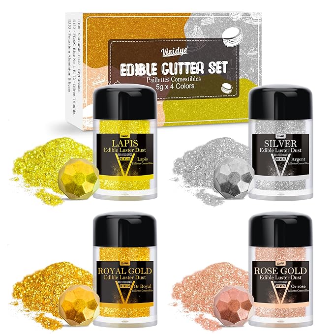 Edible Glitter - 4 Colors Luster Dust Edible Glimmer Powder for Sparkling Drinks, Foods, Wine, Beverage, Cake - Food Grade Shimmer Dust Powder for Cocktails, Baking, Cupcakes Decoration - 5g / Bottles