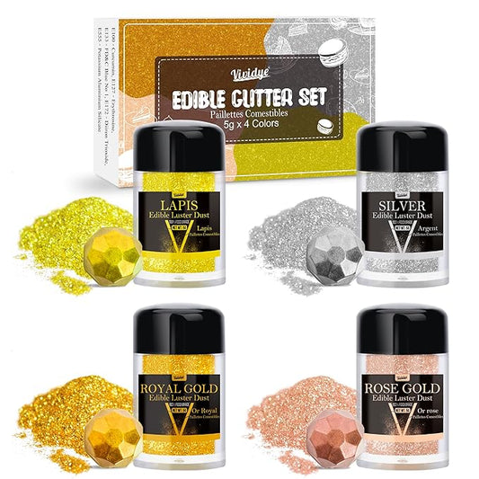 Edible Glitter - 4 Colors Luster Dust Edible Glimmer Powder for Sparkling Drinks, Foods, Wine, Beverage, Cake - Food Grade Shimmer Dust Powder for Cocktails, Baking, Cupcakes Decoration - 5g / Bottles