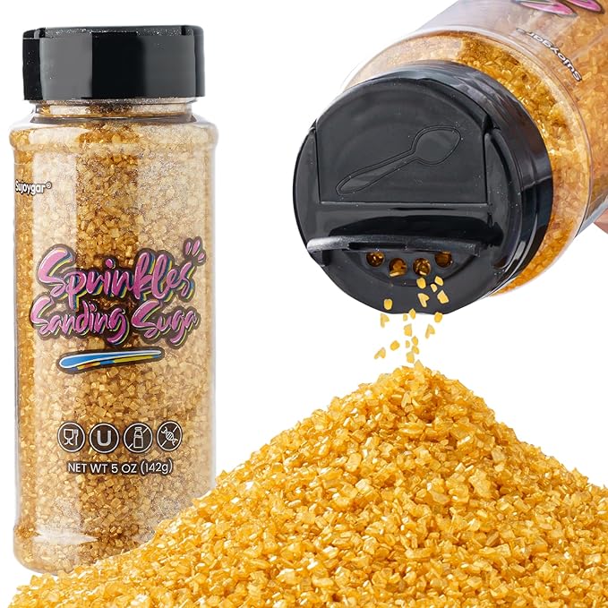 Sujoygar Gold Saning Sugar Sprinkles, 5oz Edible Gold Sugar Crystals for Cocktails, Cake Sprinkles for Chocolate Ice Cream Toppings Cupcake Decoration Wedding Party Cookies Baking Dessert Food Supplies