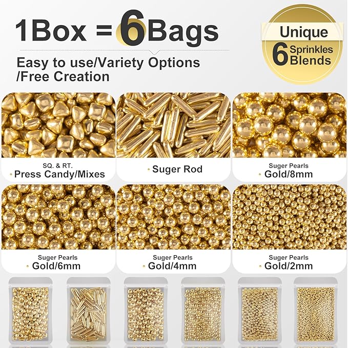 HUEBEATY 6-in-1 Metallic Gold Dragees Sprinkles for Cake Decorating, Cupcakes & Cookies | 180g/6.36oz | Birthdays, Weddings, Holiday, Christmas Fancy Gold Cake Candy Pearls Sprinkles and Decorations