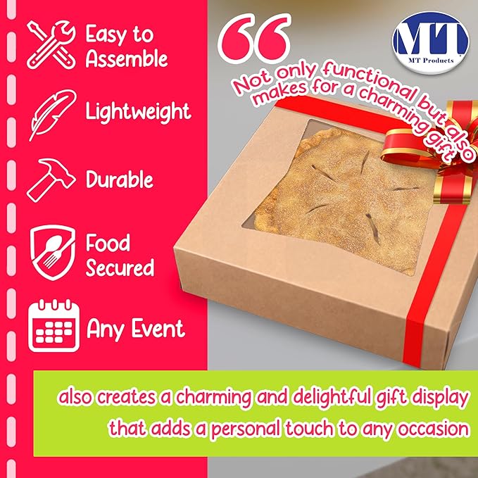 MT Products Kraft Cookie Boxes 8" x 8" x 2.5" - Bakery Boxes with Window (Pack of 10) - Made in USA
