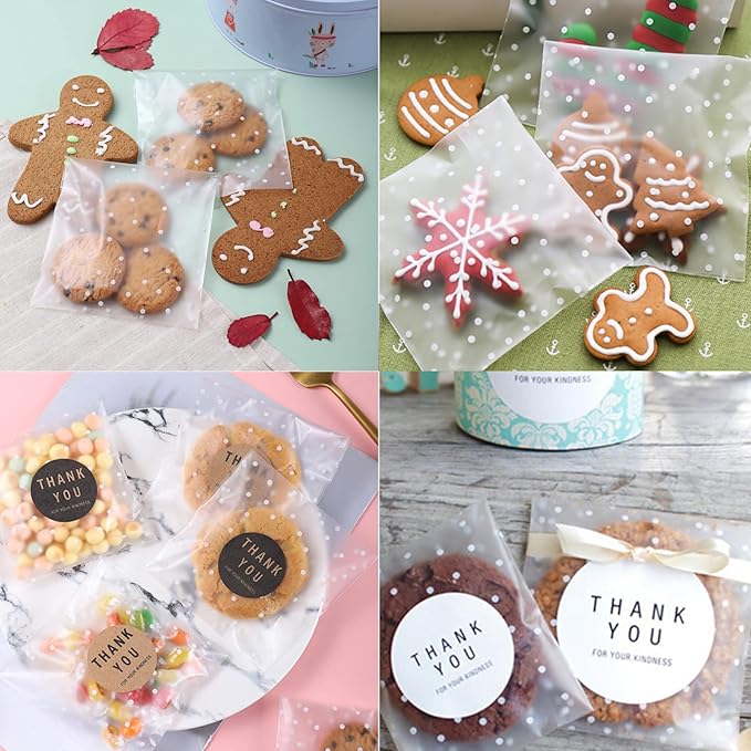 100pcs Self Sealing Cookie Bags,Polka Dot Cellophane Bags with Thank You Stickers (5"x5")