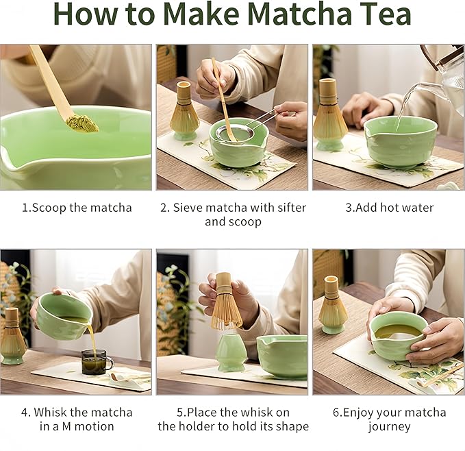 Fantasyon 7 Pcs Matcha Whisk Set Matcha Kit, Includes Bowl with Spout, Bamboo Whisk, Holder, Spoon, Sifter, Stand and Tea Towel for Ceremony Tea Lovers Family Friend Christmas Birthday Gift