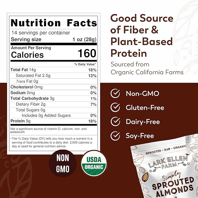 Lark Ellen Farm Organic Sprouted Almonds, Unsalted – USDA Organic, Raw, Vegan, Gluten-Free, Non-GMO, Paleo-Friendly, Plant-Based Protein Snack, Resealable Bag to Retain Freshness, 10 oz (3-Pack)