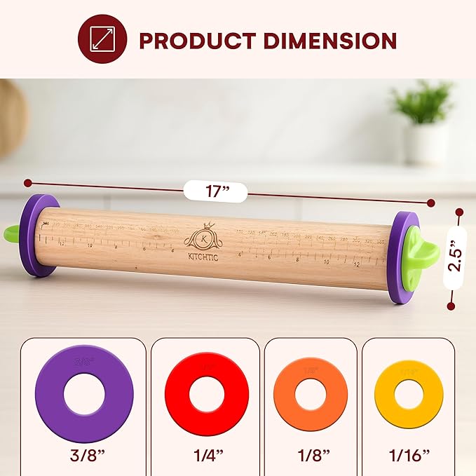 Kitchtic Adjustable Rolling Pin with Removable Rings - Precision Baking and Cookie Dough Rolling Pin with Thickness Measuring Rings for Perfectly Rolled Dough - Multi-Color - 16.9''x2.5''x2.5''