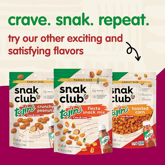 Snak Club Tajin Peanuts, Roasted Nuts with Chili and Lime Seasoning, Mild, Gluten-Free, Kosher Snacks, No Artificial Colors or Flavors, No Preservatives, 5 oz Resealable Bags, 6 Pack