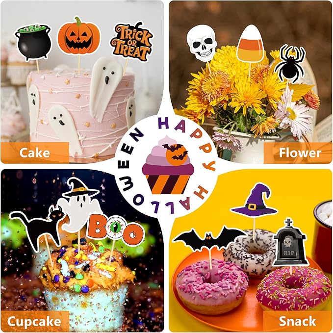 24 PCS Halloween Cupcake Toppers, 12 Designs Halloween Cake Decorations, Pumpkin Ghost Spooky Cake Topper, Halloween Birthday Cake Toppers for Theme Babyshower Kids Party Supplies
