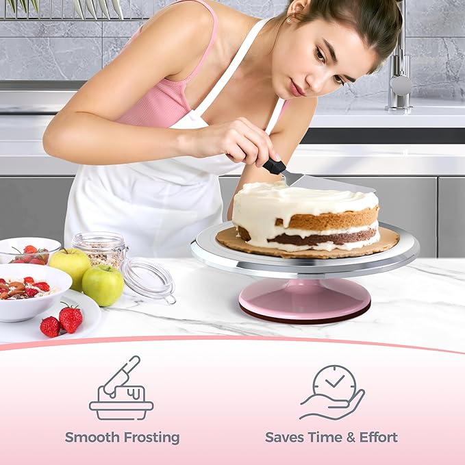 Ohuhu Cake Turntable, Aluminium 12'' Cake Decorating Kit Supplies Rotating Stand Revolving Spinner with 2 Icing Spatula 3 Comb Smoother Christmas Gifts