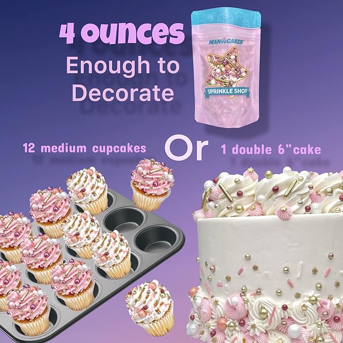 Manvscakes, pink sprinkles, valentines, cake sprinkles, gold sprinkles, cookies, chocolate, fondant, princess topping, ice cream, edible, dessert decoration (Rose)