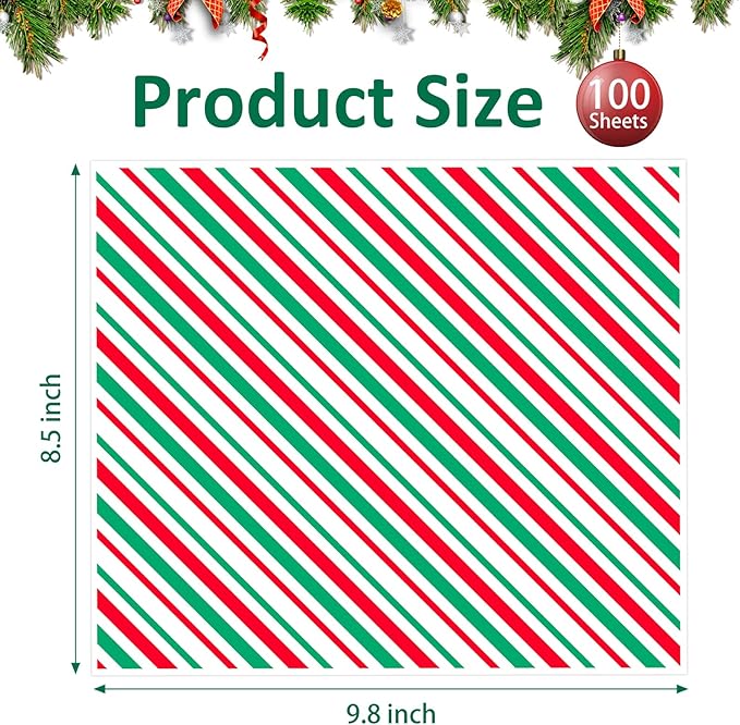 Zezzxu 100 Sheets Red and Green Striped Wax Paper, Parchment Paper for Cookie Box Deli Food Wrapping Grease Resistant Basket Liners (8.5 x 9.8 Inches)