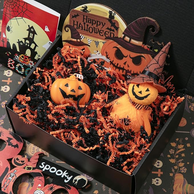 Mefleet 1 LB Halloween Crinkle Cut Paper Shred Filler Black & Orange Crinkle Shredded Paper for Gift Basket - Gift Box Bag Filler - Grass Cushion Stuffing for Halloween Packaging Wrapping