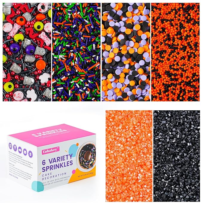 Halloween Sprinkles Mix - 6.35 oz 6 Variety Packs | Candy Eyeballs, Skull, Ghost, Tombstone, Black Orange Purple Green Nonpareils, Jimmies, Confetti & Sanding Sugar for Cake Decorating Cookies Cupcake Spooky Party