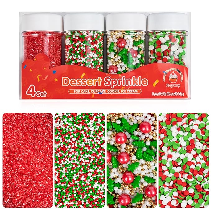 Edible Christmas Sprinkles for Cake Decorating,4 Pack 12 oz,Red White Green Gold Pearls and Christmas Confetti Trees Candy,Nonpareils Sprinkle,Red Sanding Sugar Holiday sprinkle for Cupcake Toppers, Cookie, Ice Cream Decorations Christmas Party