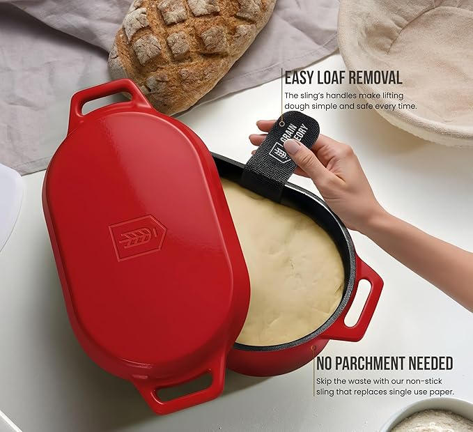 KooK Dutch Oven, for Bread Baking, Sourdough Loaf Pan, Dual Handles, Enameled Cast Iron, with Sling, Dishwasher Safe, 3.4 Qt, Cherry Ombre