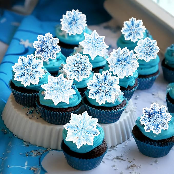 Gyufise 60Pcs Edible Snowflake Cupcake Toppers Winter Cupcake Picks Water Paper Winter Frozen Cake Decorations for Snowflake Theme Baby Shower Kids Birthday Party Supplies Multi Blue