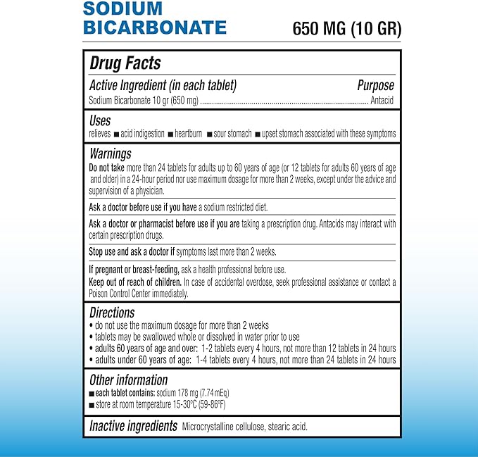 Puregen Labs Sodium Bicarbonate Tablets 650mg (10 Grains) - 200 Count | USP Grade Baking Soda Supplement, Natural Relief of Acid Indigestion, Heartburn, Sour Stomach & Upset Stomach