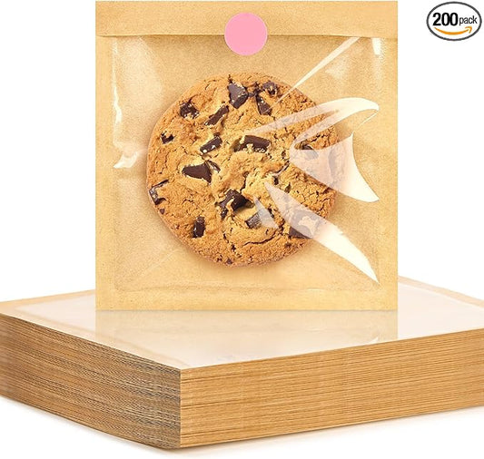 Ocmoiy 200 Pcs Cookie Packaging Bags with Seal, 5.7x6.5 Inch Paper Bakery Bags with Window, Heat-Sealable & Grease-Resistant Bake Sale Sleeves for Treat, Donut, Scone, Brownie, Cake Slice