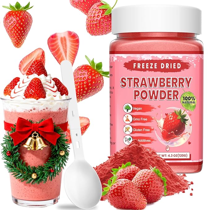 Freeze Dried Strawberry Powder - Kiigfood 4.3 oz/120g Natural Strawberry Powder Fruit Powder, Strawberries Source for Smoothie, Drinks, Christmas Baking, Cakes Decoration - Vegan, Non-GMO, Gluten-Free