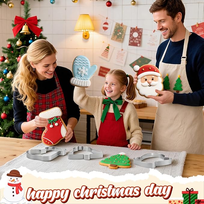 6 Pcs Large Christmas Cookie Cutters 8" Stainless Steel Metal Xmas Baking Cookie Molds for Holiday, Elk, Christmas Tree, Stocking, Santa Face, Mitten, Bell