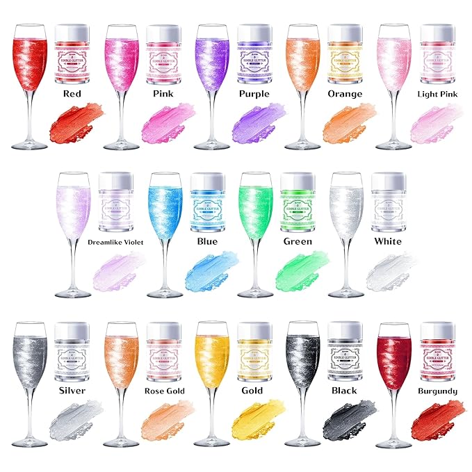 Edible Glitter for Drinks – 14 Colors Luster Dust, Food Grade Cocktail Shimmer Powder for Cakes, Beverages, Chocolate & Candy, 5g/Bottle