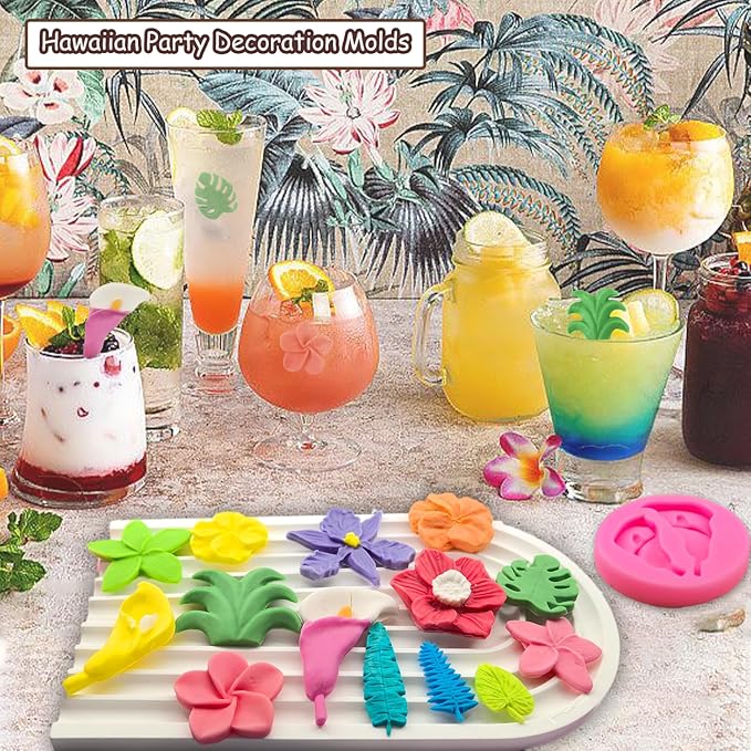 8Pcs Tropical Flowers Leaves Mold, Flower Silicone Chocolate Mold Plumeria Hibiscus Flower Monstera Palm Leaves Fondant Molds for Chocolate Candy Gum Paste Hawaiian Party Baking Cakes Decorating