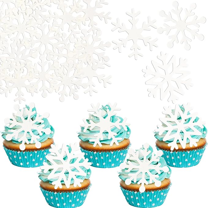 Gyufise 60Pcs Edible Snowflake Cupcake Toppers Winter Cupcake Picks Water Paper Winter Frozen Cake Decorations for Snowflake Theme Baby Shower Kids Birthday Party Supplies White