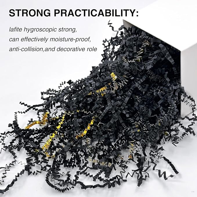 2LB Crinkle Cut Paper Shred Filler for Bag Gift Box Basket Confetti Paper Shreded Stuffing Decoration for Valentine's Day Holiday Party (Gold & Black)