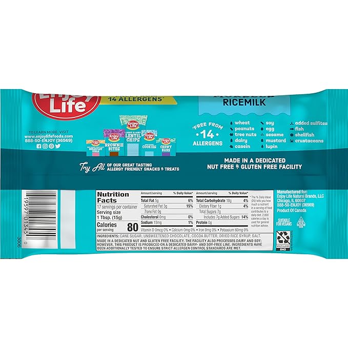 Enjoy Life Ricemilk Baking Morsels Milk Chocolate Flavor, Gluten Free, School Safe, Non GMO, Dairy Free, Soy Free, Vegan, Nut Free Chocolate, 12 Bags (9 oz) Bulk Chocolate