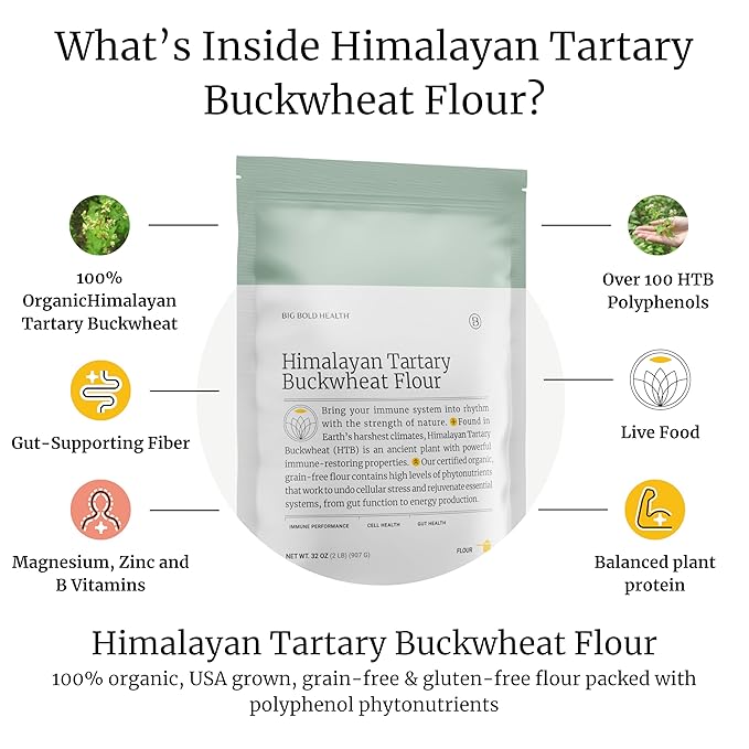 BIG BOLD HEALTH Himalayan Tartary Buckwheat Organic Gluten Free Flour | 100+ Immune-Active Nutrients | 100% USDA Organic Grain-Free Flour | Non-GMO | USA Grown (2lb)