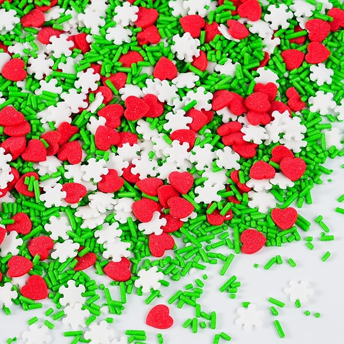 Christmas Red Heart Sprinkles for Cake Decorating 4.2 oz Edible Holiday Red Green and White Snowflake Confetti Sprinkles for Cupcake Topper Cookie Chocolate Cake Ice cream Decorations Baking Xmas Party