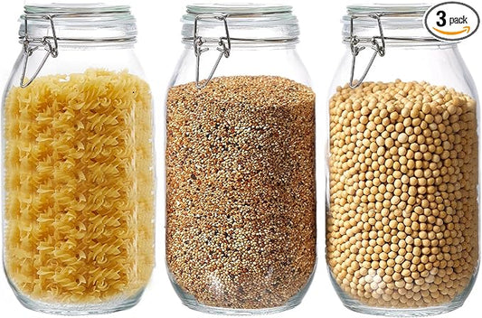 3 Pack 68oz Food Storage Jars with Airtight Lids, Preserving Seal Wire Clip Fastening Glass Containers, Canisters for Kitchen Organization, Flour, Cereal, Pasta, Sugar, Beans, Pickling Jars(68 Oz*3)