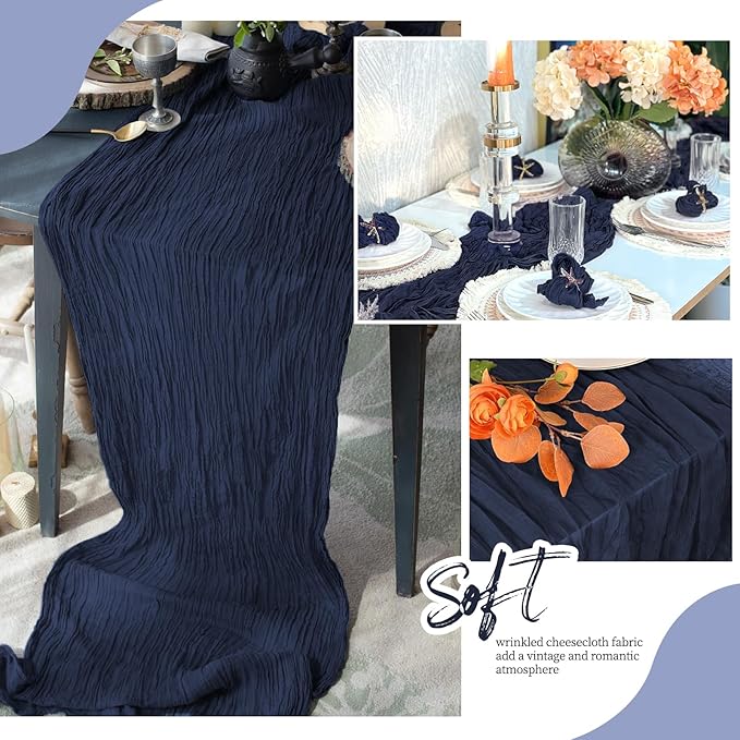 6 Pack Navy Blue Cheesecloth Table Runner 17x108 Inch Semi Sheer Boho Gauze Cheese Cloth Fabric Table Runners, for Wedding Party Baby Shower Birthday Home Decor Garden Farmhouse