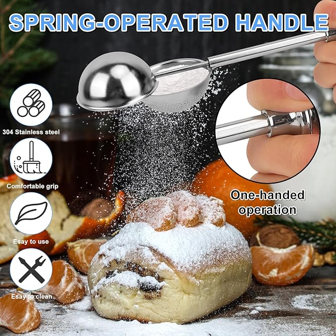 Flour Sifter Stainless Steel, 3 Cup Flour Sifters for Baking, 2 Sets 3 in 1 Sifter for Baking with Powdered Sugar Shaker Duster, Flour Shaker Duster for Baking Cakes Pastries Pies Cupcakes Desserts