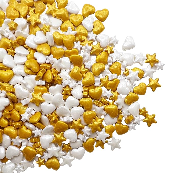 SE Si&Moos White and Gold Star Candy Gold and White Heart Sprinkles Edible Stars Star and Heart Candy Decorations Valentine Sprinkles for Cakes, Cupcakes, Cookies, Shower Party Birthday Holiday Supplies 3.5 OZ