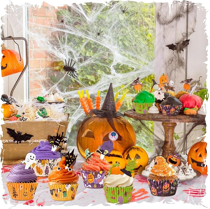 Halloween Cupcake Liners with Toppers Picks, Standard Wrappers Cupcake Disposable Baking Cups Muffin Liners for Halloween Party Decorations Supplies (150 Liners & 150 Toppers)