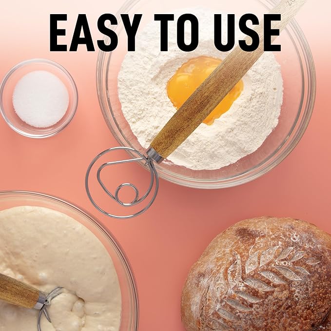 Zulay Kitchen Durable 13-Inch Danish Dough Whisk - Easy Mixing Bread Hook, Stainless Steel, Sourdough Traditional Dutch Whisking Tool, 2 Pack Acacia Wood