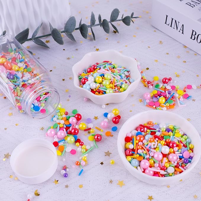Edible Rainbow Sprinkles Rainbow Pearl Mix Pastel Jimmies Sprinkle White Pink Sugar Pearls for Cake Decorating Sanding Sugar Candy Pearls Ice Cream Toppings Wedding Chirstmas Supplies - 3.5 Oz