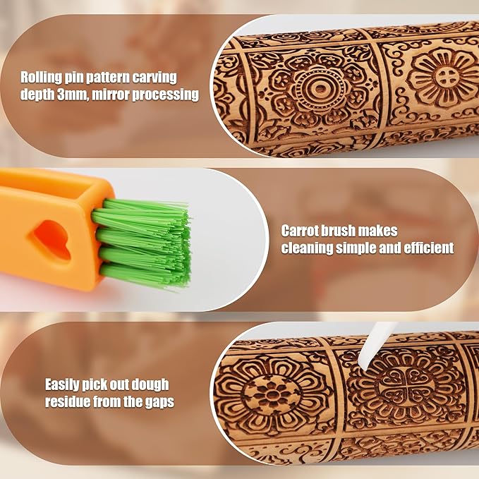 17" Premium Wooden Rolling Pins for Baking with European Embossed Designs | 3mm Deep Springerle Cookie Molds | Christmas Rolling Pin & Baking Gifts for Women | Includes 3-in-1 Cleaning Brush